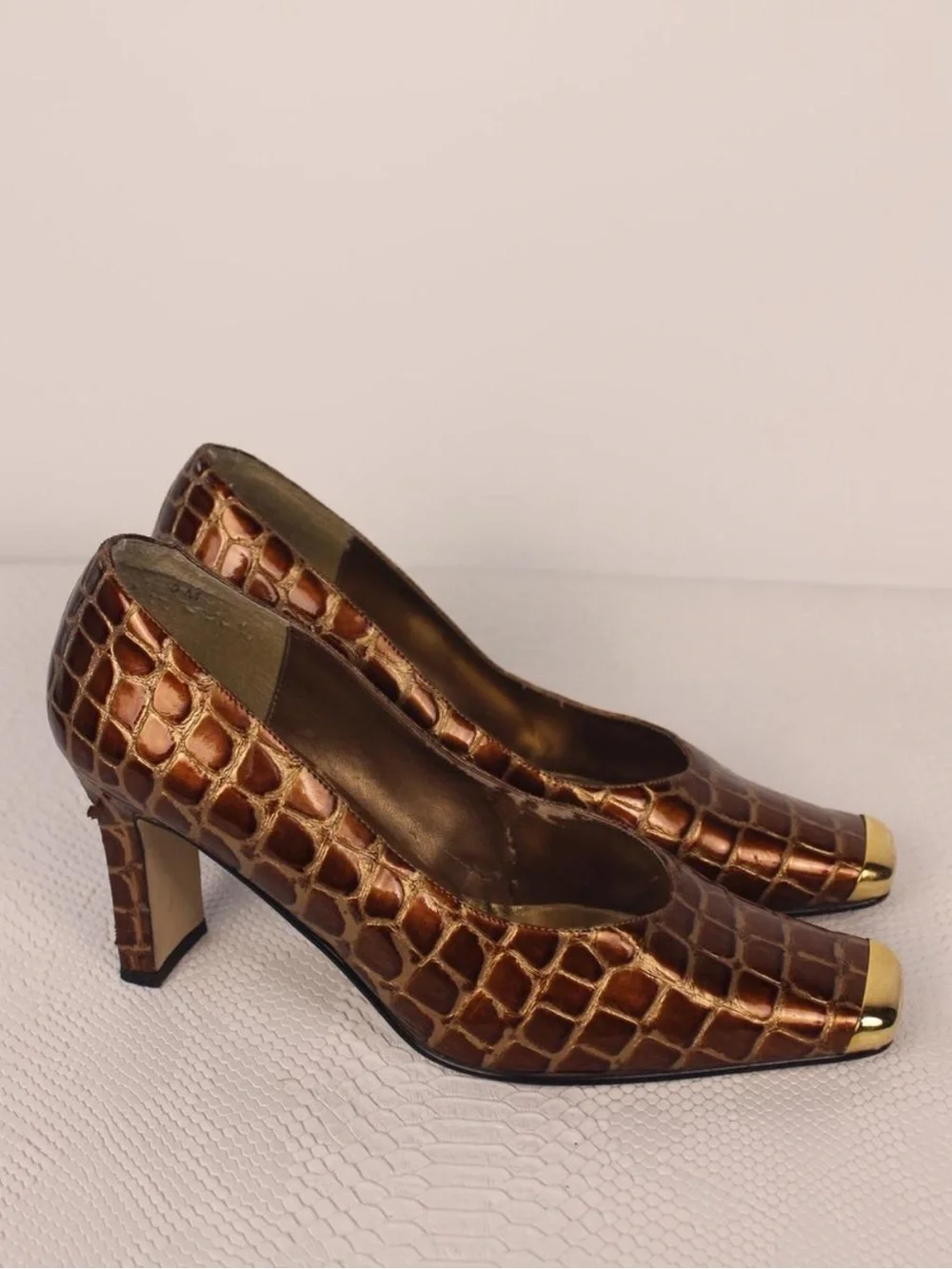 J.Renee Brown Croc-Embossed Pumps with Gold Toe Cap